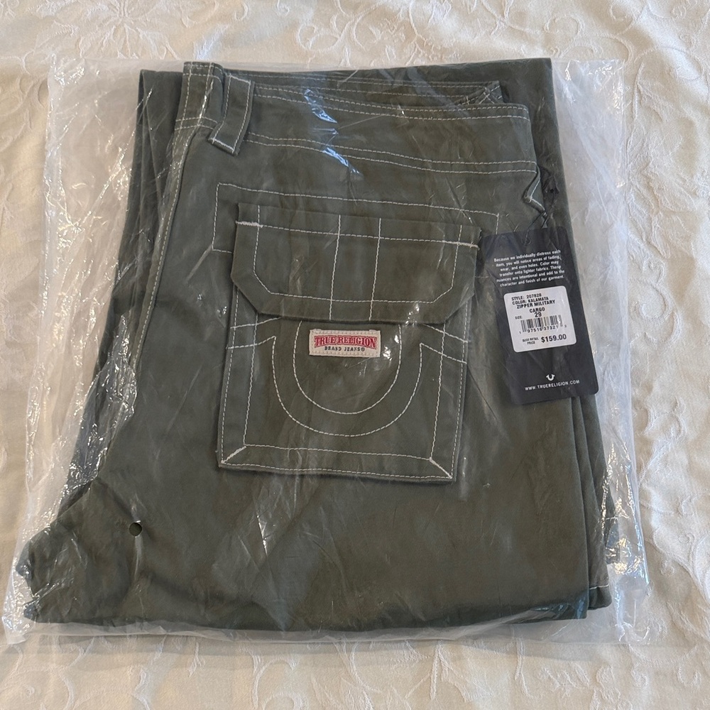 True Religion Olive Bootcut Pants with White Stitching